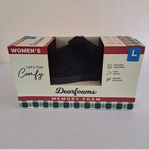Dearfoams Womens Memory Foam Slippers Black Knit Faux Fur Large(9-10)
